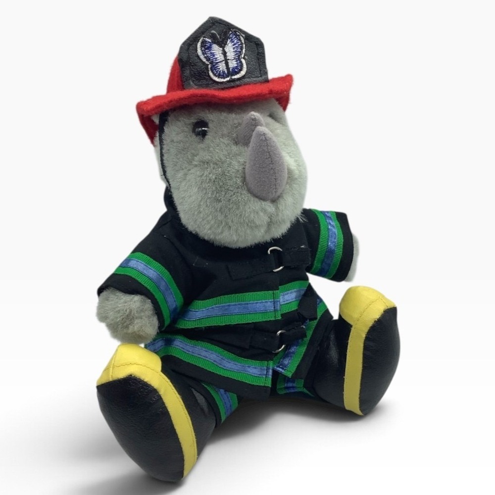 Vtg Rhinocort Aqua Firefighter Rhino Plush Promotional Advertising Mascot Grey